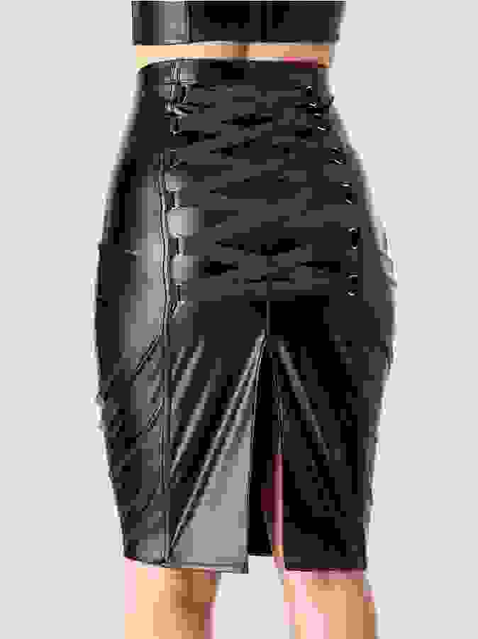 Lovehoney Fierce Black Leather-Look Skirt, Black, hi-res